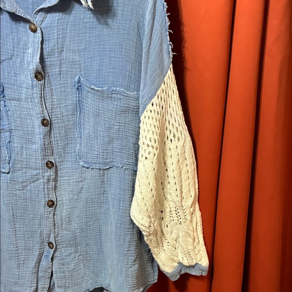 POL Blue and Cream Button-Down Shirt up - Picture 3 of 8
